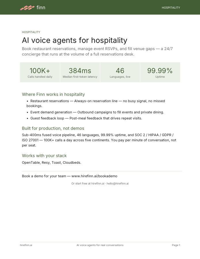 AI voice agents for hospitality — one-pager