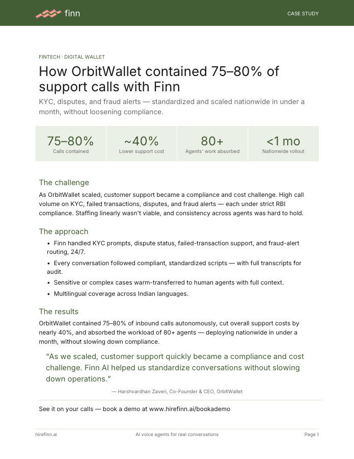 How OrbitWallet contained 75–80% of support calls with Finn