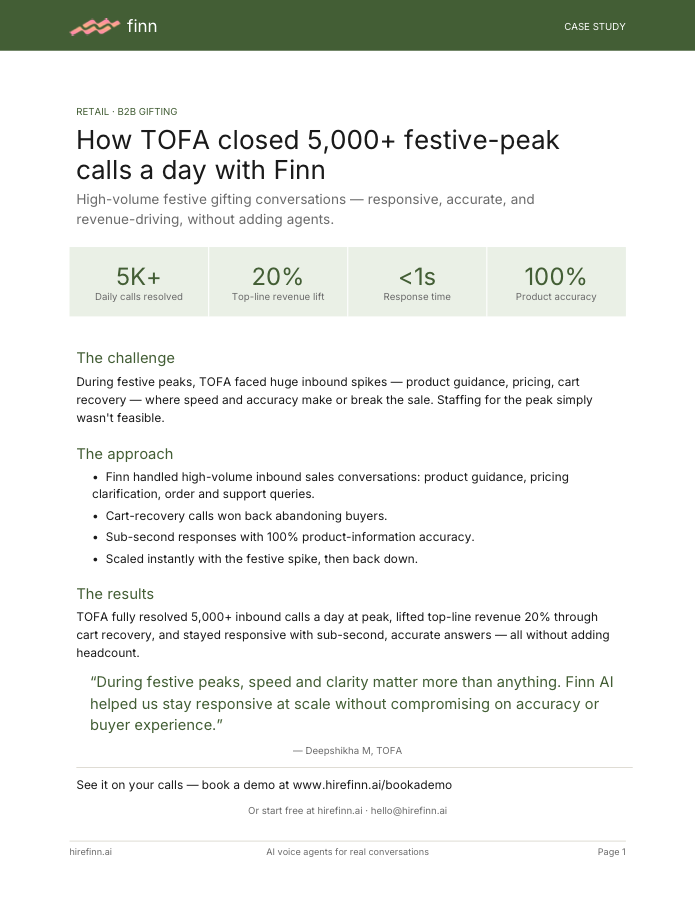 How TOFA closed 5,000+ festive-peak calls a day with Finn